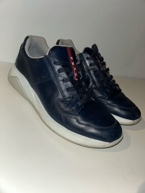 Prada Men's 4E2807 Navy Blue Leather Sneakers